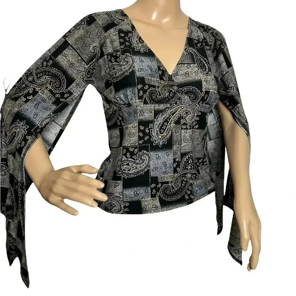 Vtg,open bell sleeve top,some velvet,paisley,XS, surplice,fairygoth,boho,ties.EC - Picture 1 of 15